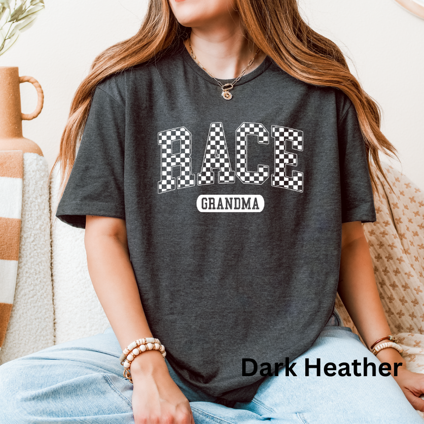 Race Grandma Checkered T-Shirt - Varsity Style - Unisex Gildan Tee S-4XL