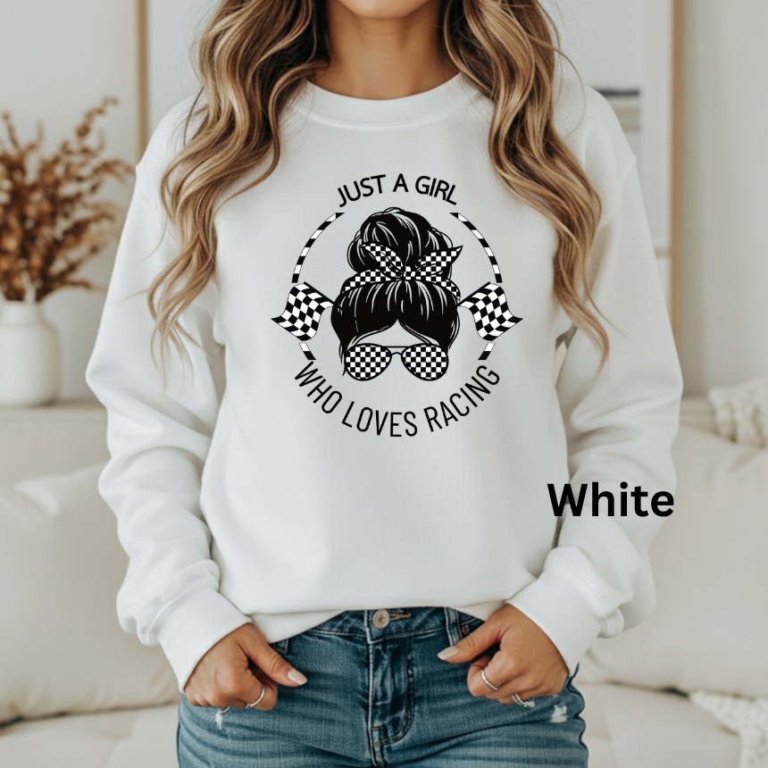 Just A Girl Who Loves Racing Sweatshirt - Messy Bun & Checkered Flags - Unisex Gildan S-3XL