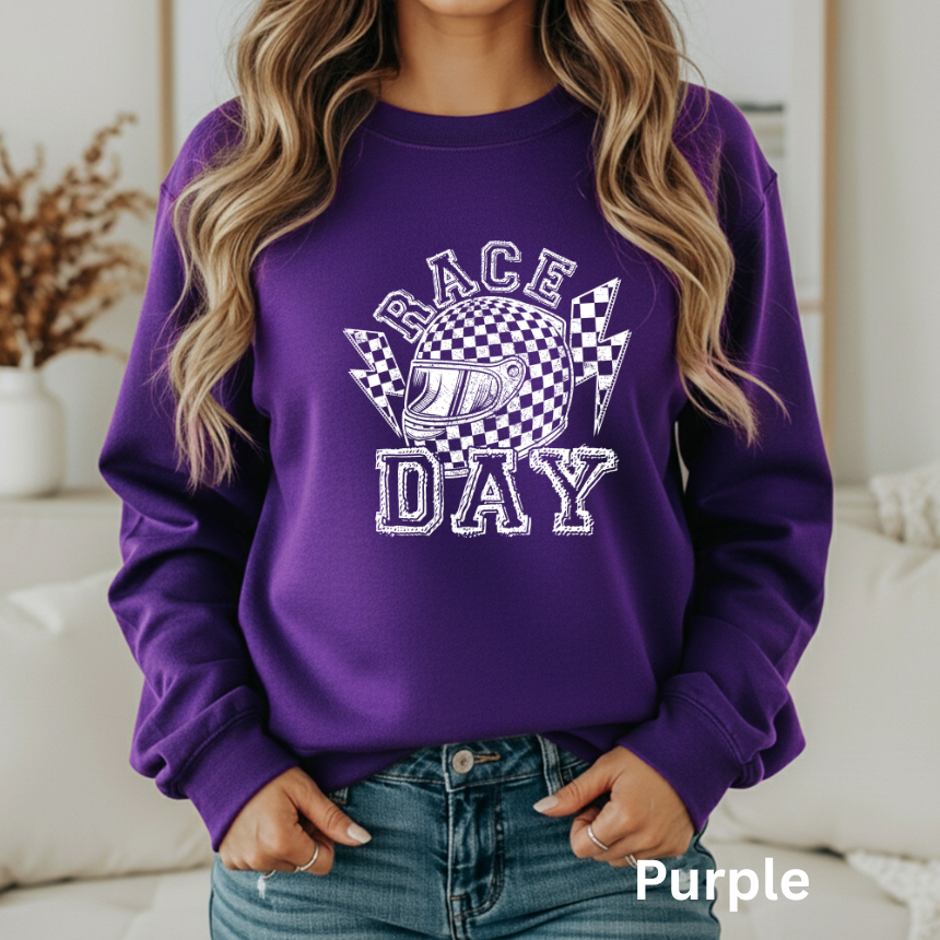 Race Day Sweatshirt - Checkered Helmet & Lightning - Unisex Gildan S-3XL