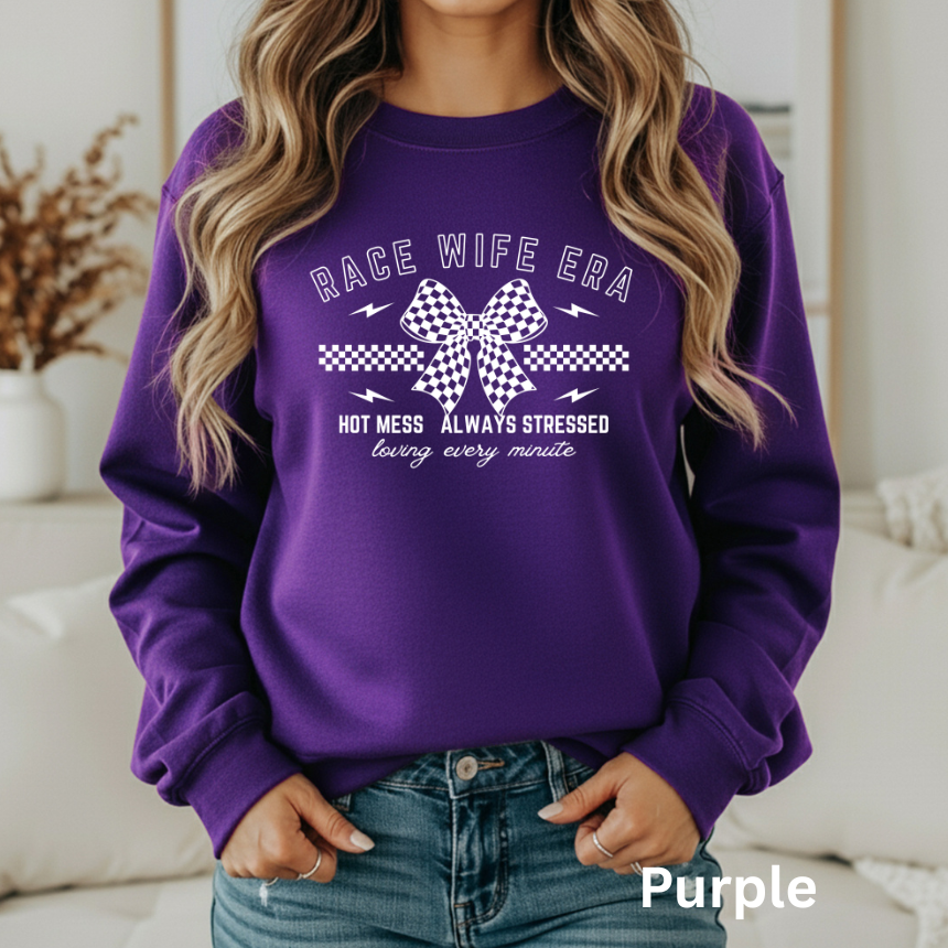 Race Wife Era Hot Mess Always Stressed Loving Every Minute Sweatshirt - Checkered Bow - Unisex Gildan S-3XL