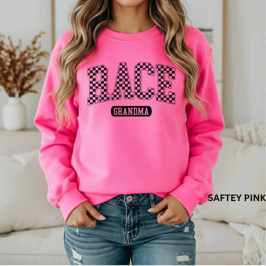 Race Grandma Checkered Sweatshirt - Varsity Style - Unisex Gildan Crewneck S-5XL