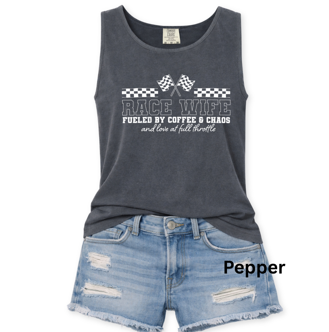 Race Wife Fueled By Coffee & Chaos and Love At Full Throttle Tank Top - Comfort Colors Unisex S-3XL