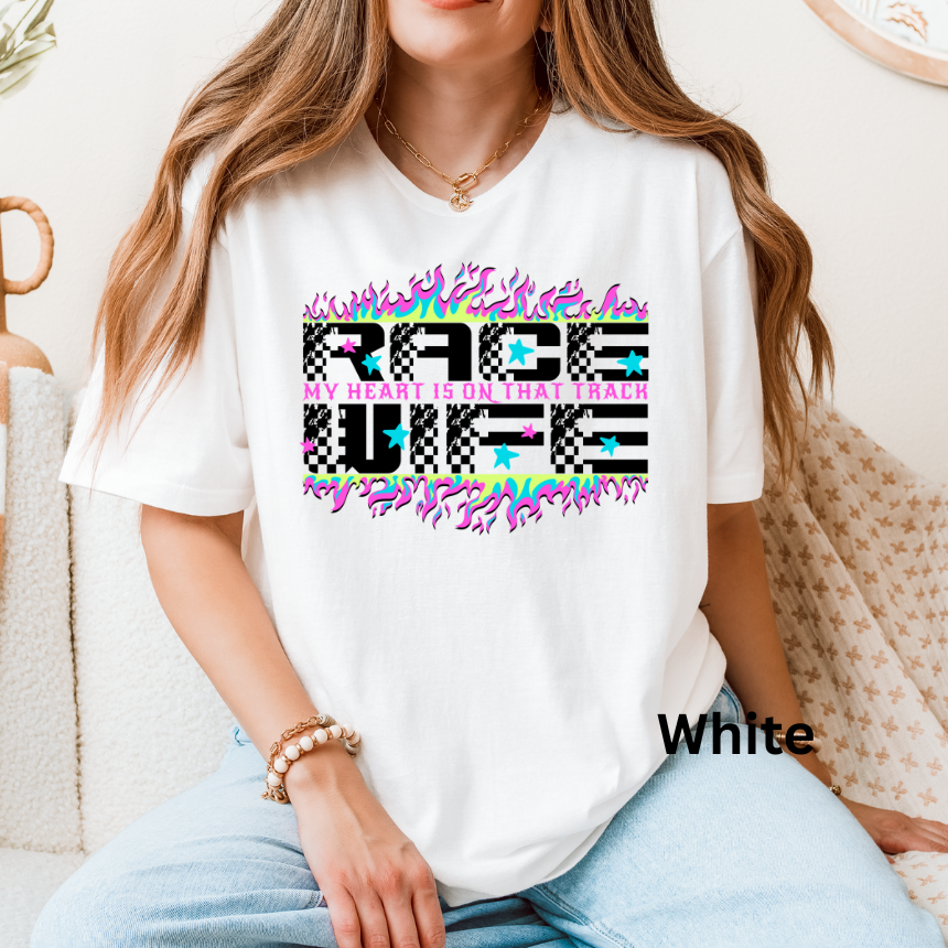 Race Track My Heart Is On That Track T-Shirt - Flames & Checkered - Unisex Gildan S-4XL