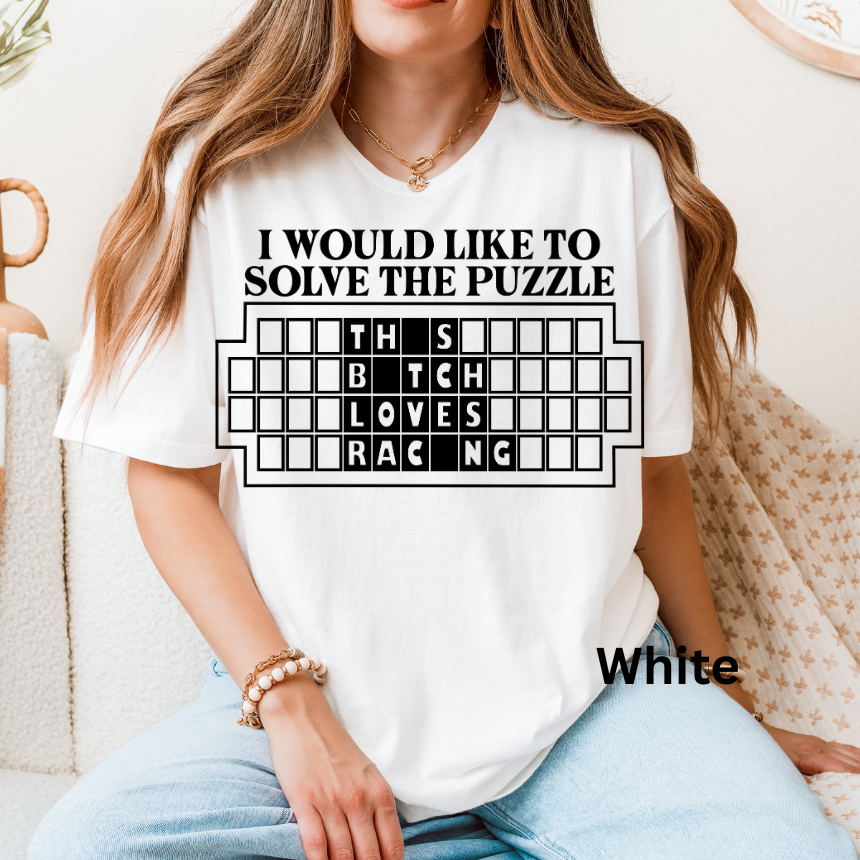 This B*** Loves Racing Puzzle T-Shirt - Crossword Style - Unisex Gildan S-4XL
