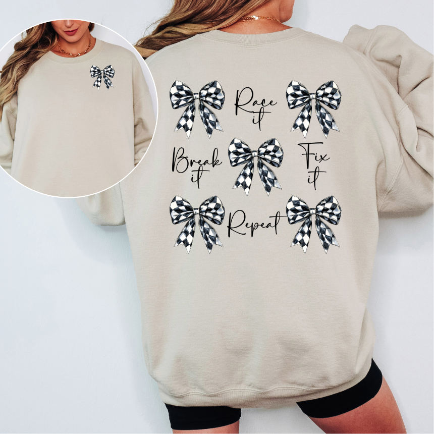 Race Break Fix Repeat Sweatshirt - Checkered Bows - Unisex Gildan S-3XL