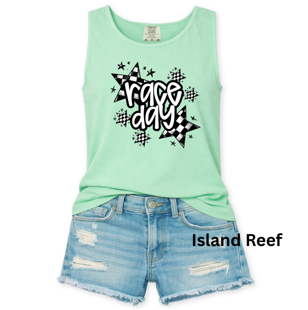 Race Day Tank Top - Checkered Star Cluster - Comfort Colors Unisex S-3XL