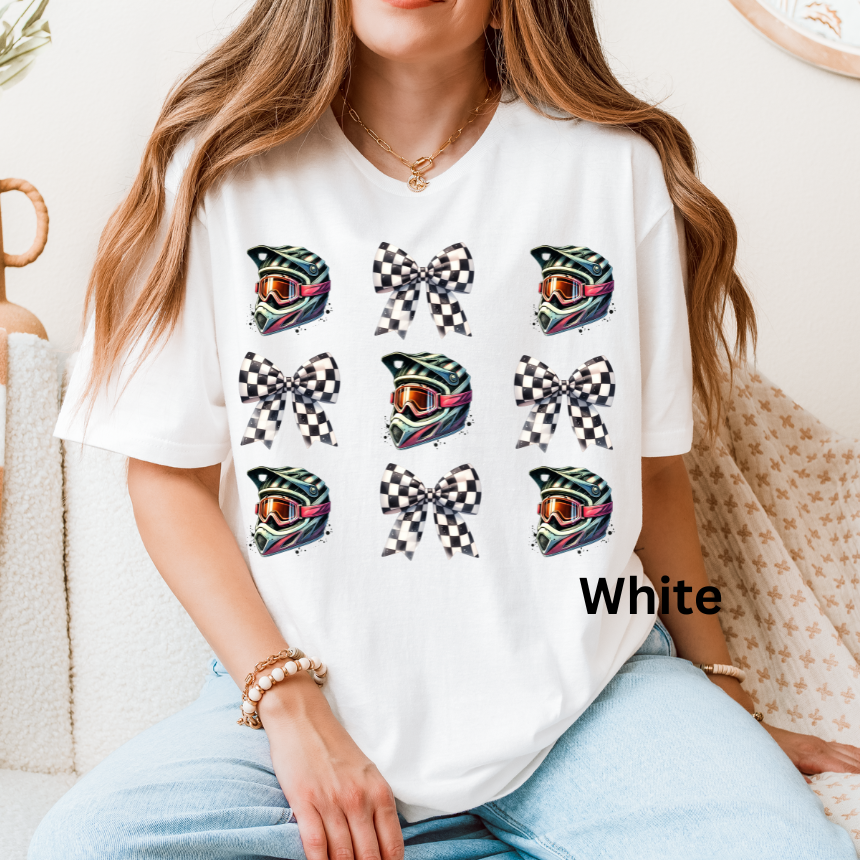 Motocross Helmet & Checkered Bow T-Shirt - Repeating Pattern - Unisex Gildan S-4XL