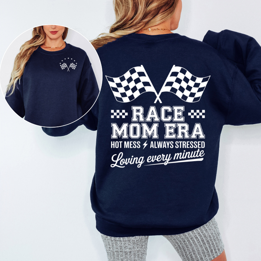 Race Mom Era Hot Mess Sweatshirt - Black - Double-Sided - Checkered Flags - Unisex Gildan S-3XL