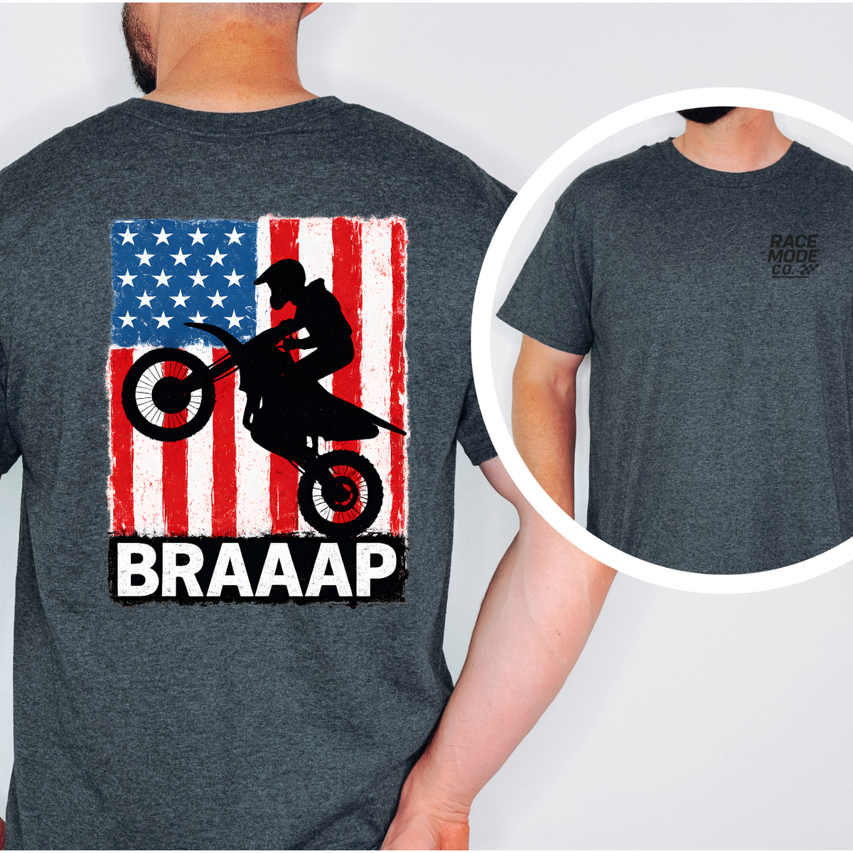 BRAAAP American Flag Motocross Double-Sided T-Shirt - Gildan S-5XL