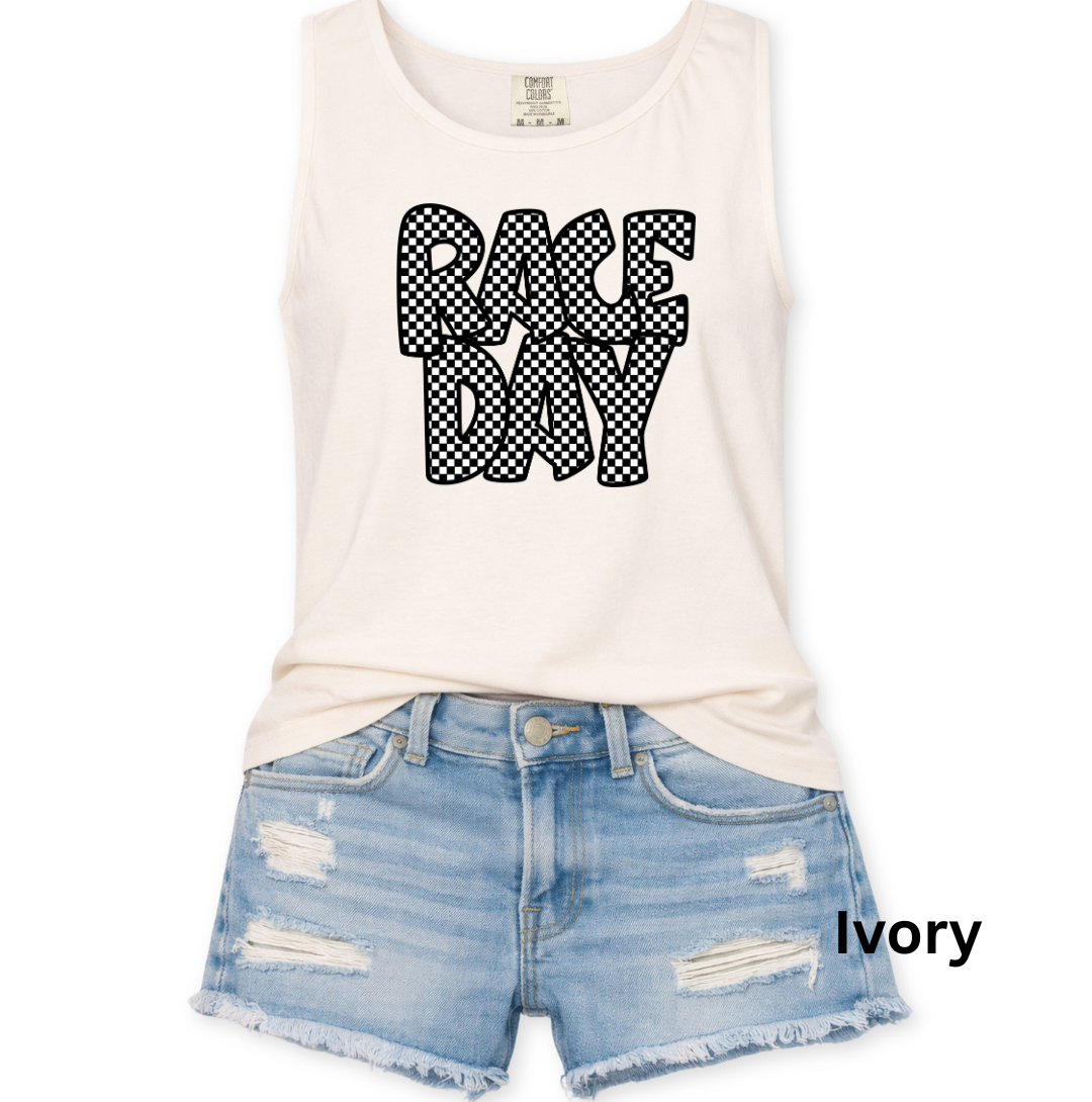 Race Day Tank Top - Retro Stacked Checkered Block Letters - Comfort Colors Unisex S-3XL