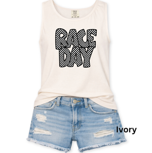 Race Day Tank Top - Retro Stacked Checkered Block Letters - Comfort Colors Unisex S-3XL