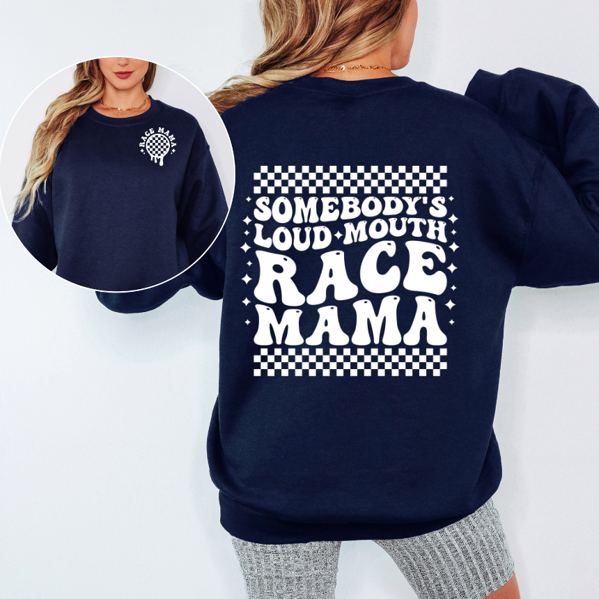 Somebody's Loud Mouth Race Mama Sweatshirt - Double-Sided - Checkered Flags - Unisex Gildan S-3XL