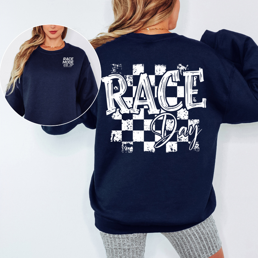 Race Day Sweatshirt - Black - Double-Sided - Distressed Checkered - Unisex Gildan S-3XL