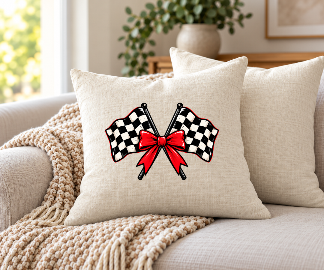 Checkered Flag w/ Bow Pillow Cover