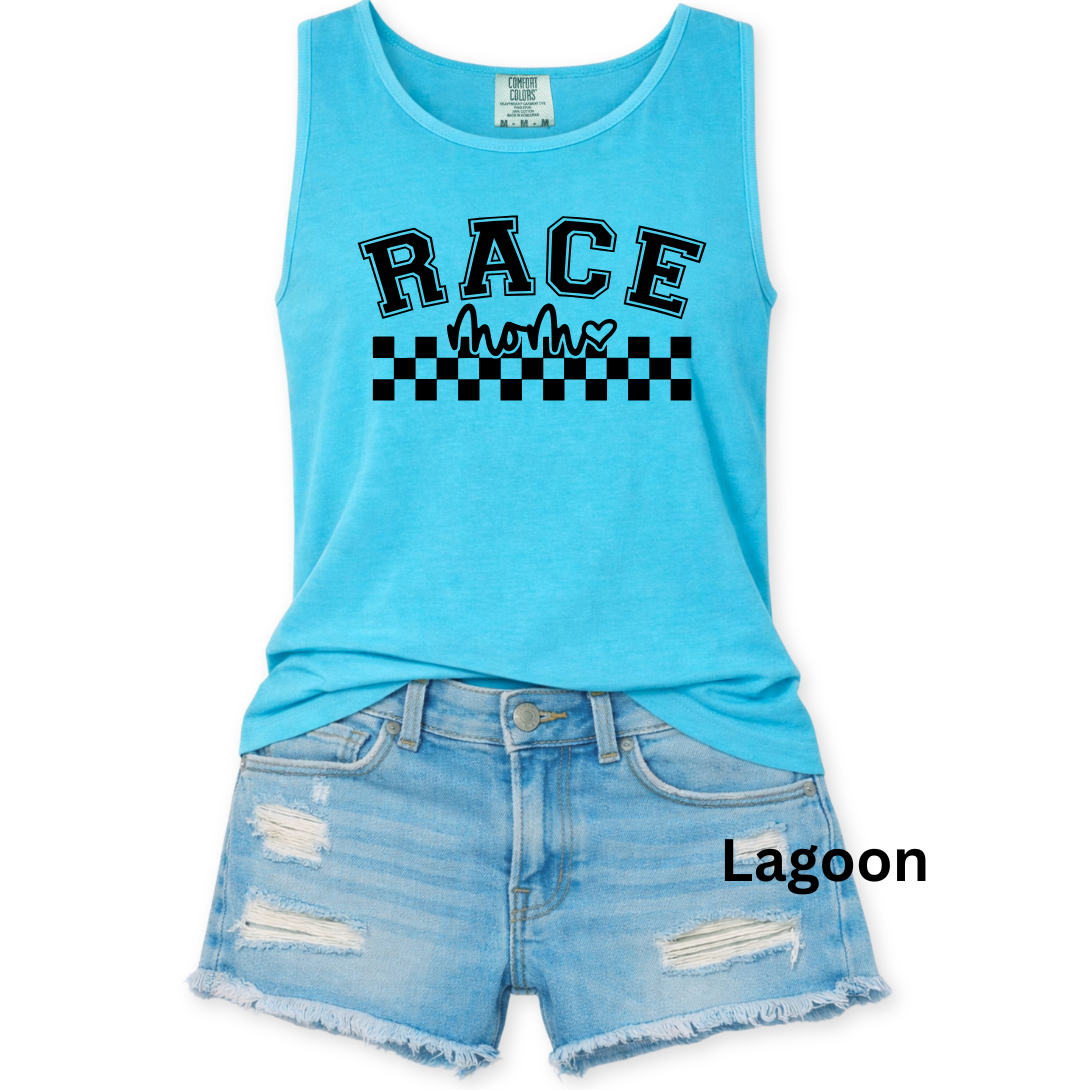 Race Mom Tank Top - Collegiate Checkered Stripe Heart - Comfort Colors Unisex S-3XL