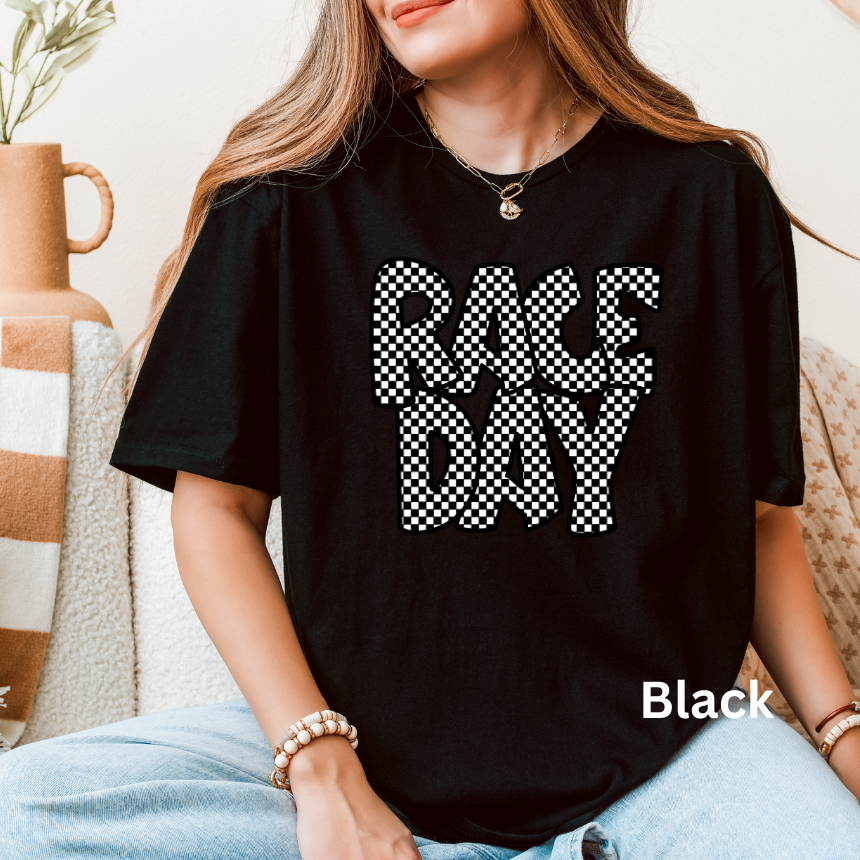 Race Day Checkered T-Shirt - Bold Checkered Letters - Unisex Gildan S-4XL