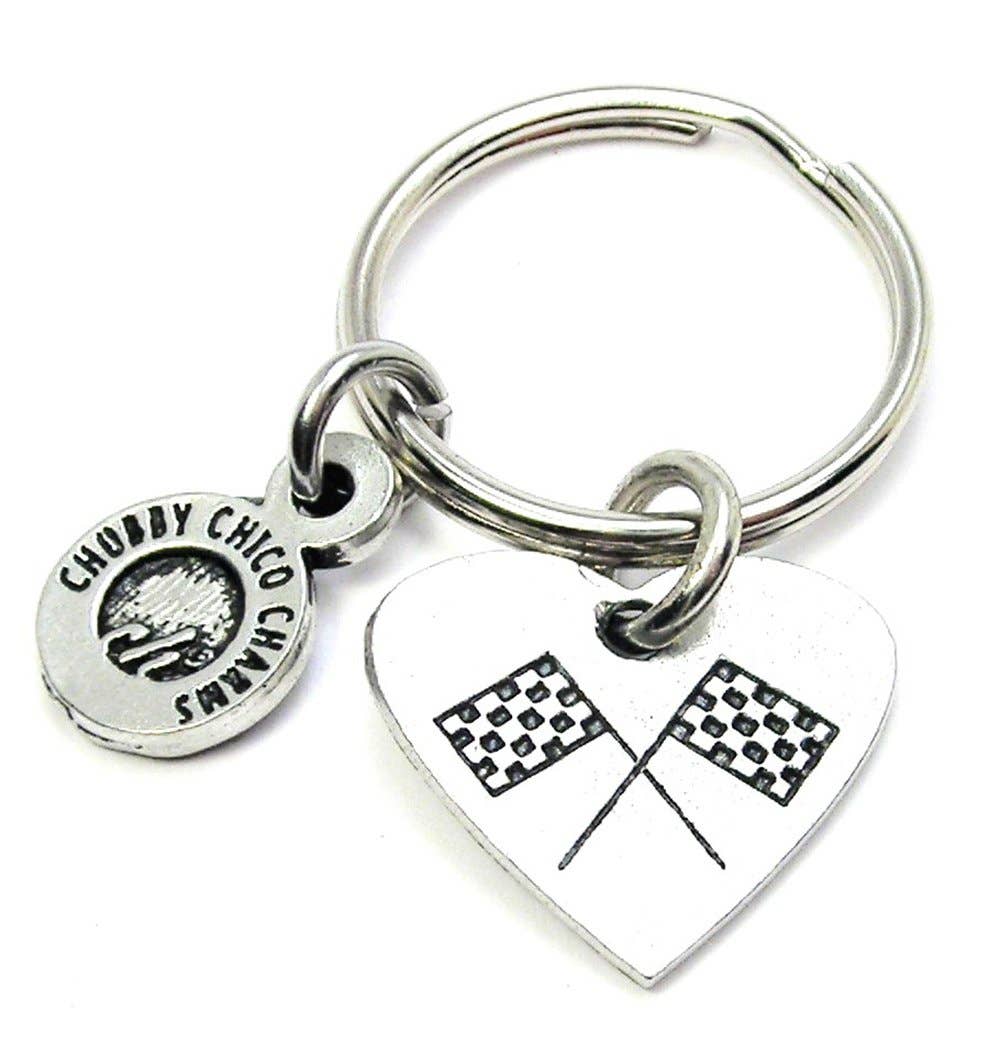 Chubby Chico Charms - Crossed Race Flags Heart Key Chain Street Racing Drag Racing