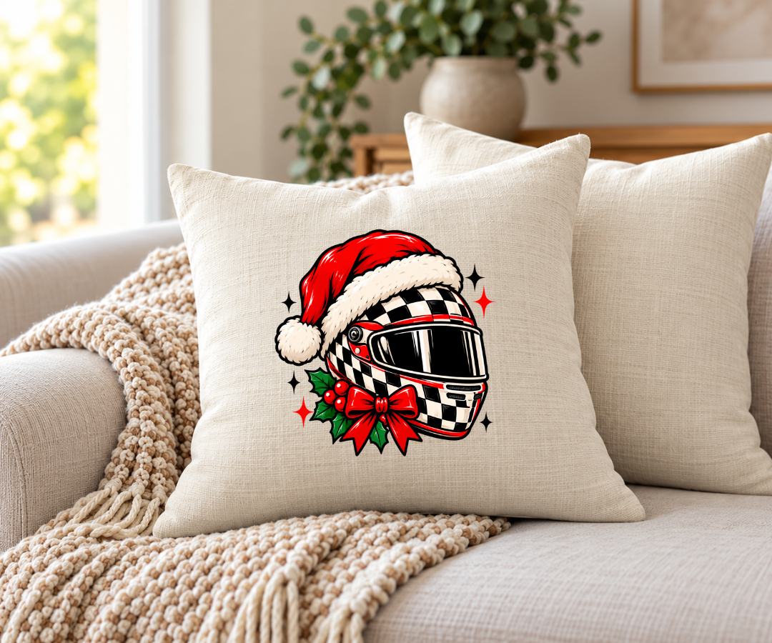 Checkered Helmet w/ Santa Hat Pillow Cover