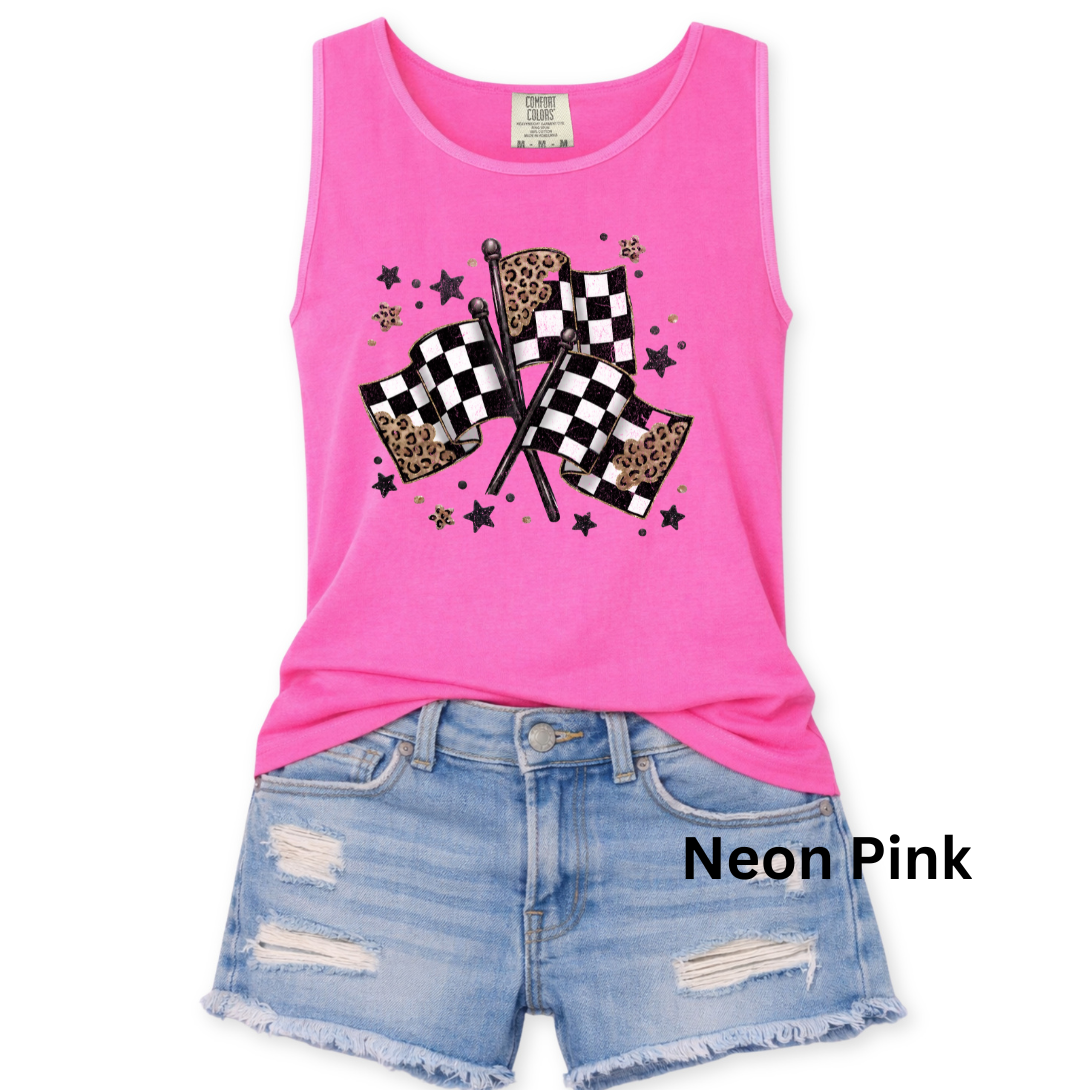Leopard Checkered Flags Stars Tank Top - Ivory - Glitter Star Accent Graphic - Comfort Colors S-3XL