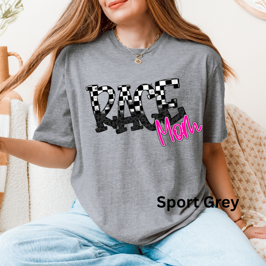 Race Mom T-Shirt - Checkered Pattern - Hot Pink - Unisex Gildan S-3XL