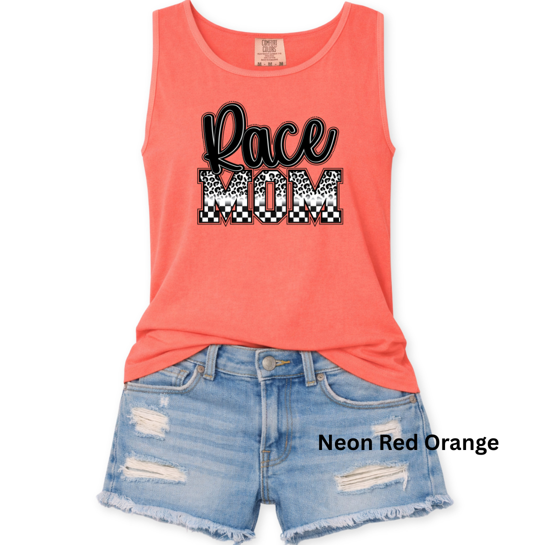 Race Mom Tank Top -  Leopard & Checkered Print - Comfort Colors Unisex S-3XL