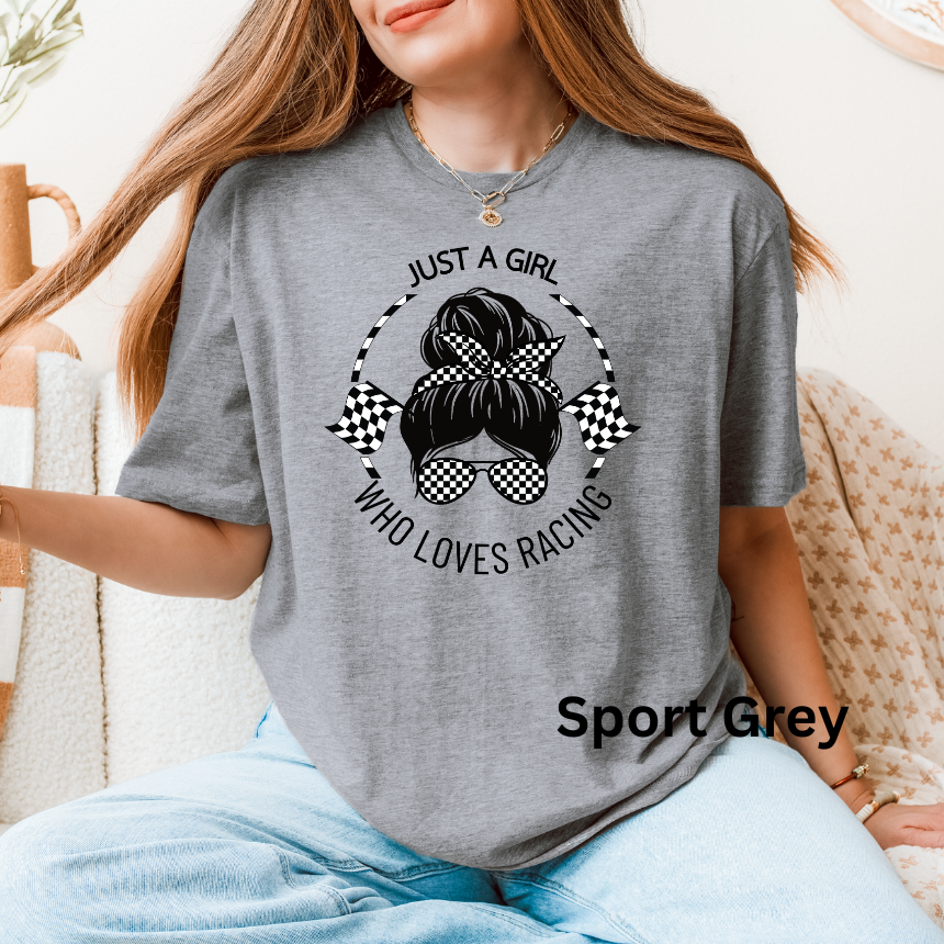 Just A Girl Who Loves Racing T-Shirt - Messy Bun & Checkered Flags - Unisex Gildan S-4XL