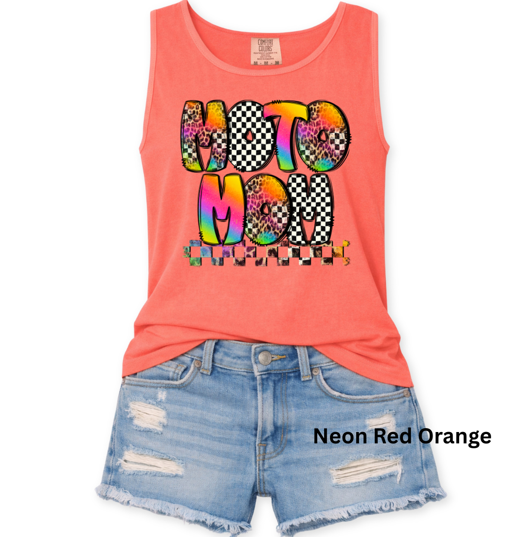 Moto Mom Tank Top - Rainbow Leopard Checkered Bubble Letter Graphic - Comfort Colors S-3XL