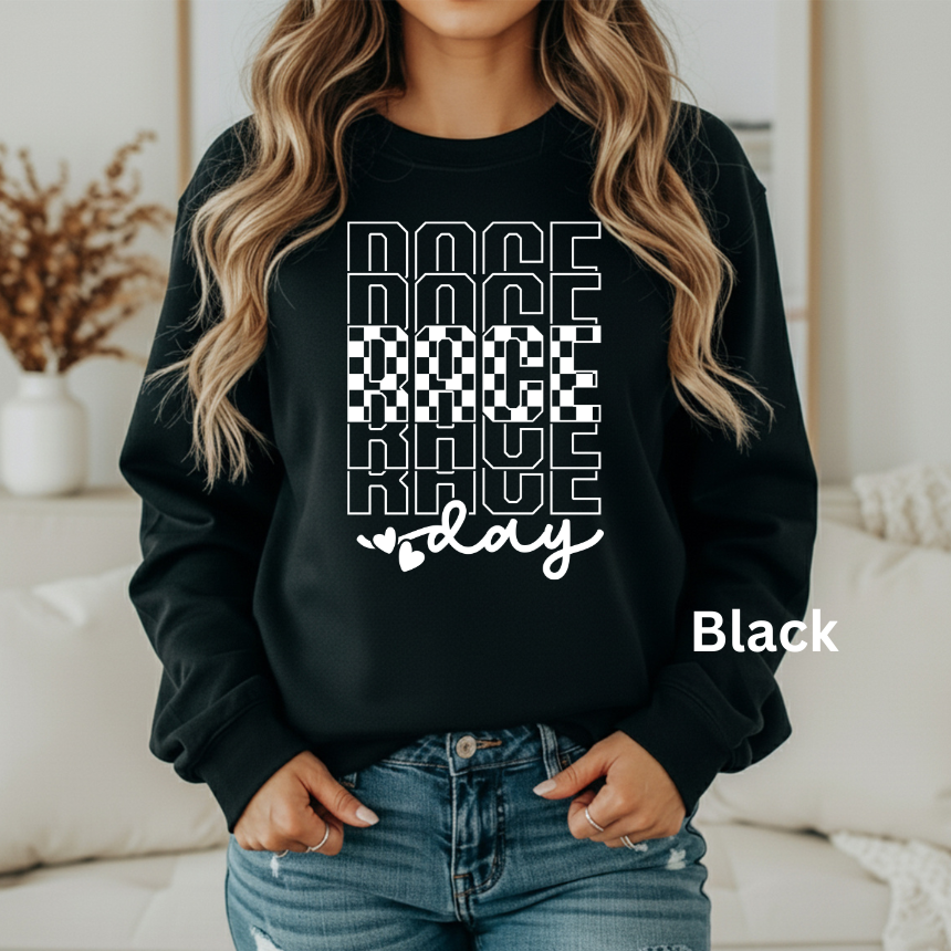 Race Day Stacked Sweatshirt - Safety Pink - Checkered Pattern - Unisex Gildan S-3XL