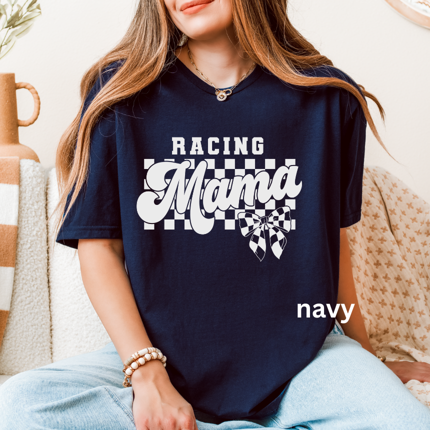 Racing Mama T-Shirt - White - Retro Checkered & Bow - Unisex Gildan Softstyle S-4XL
