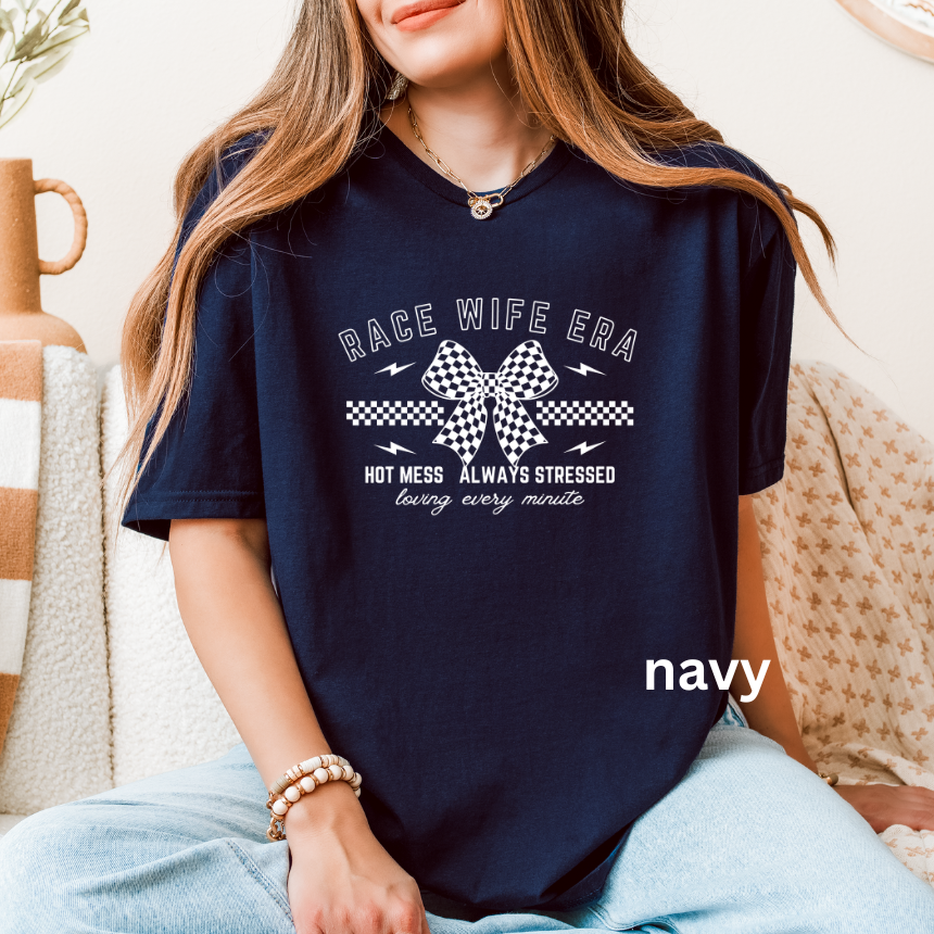 Race Wife Era Hot Mess Always Stressed Loving Every Minute T-Shirt - Checkered Bow - Unisex Gildan S-3XL