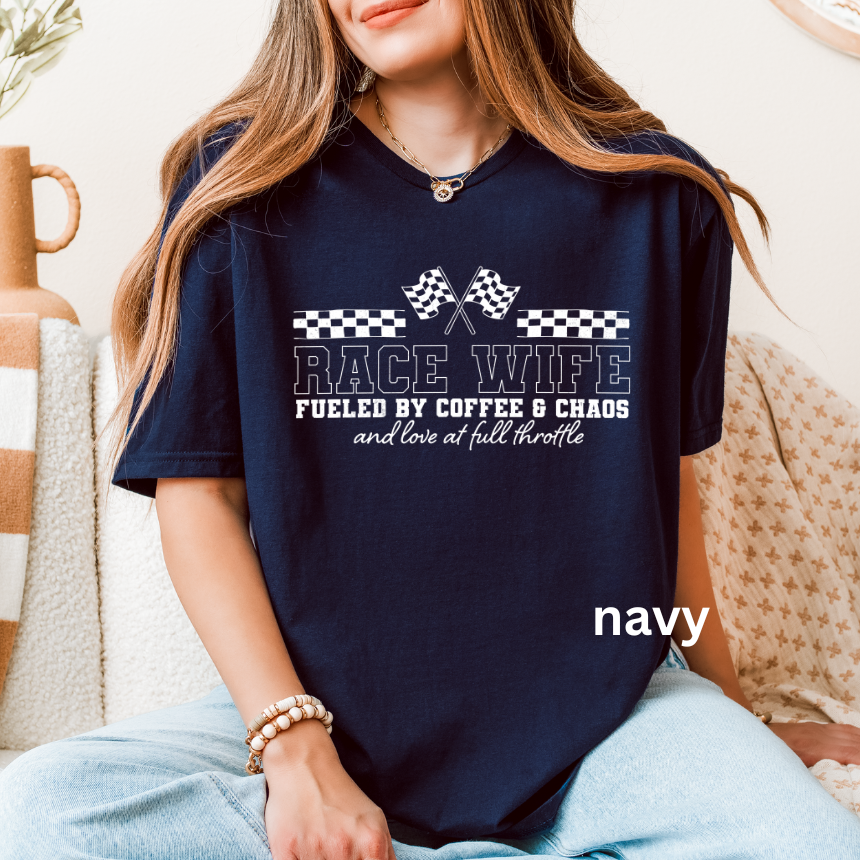 Race Wife Fueled By Coffee & Chaos And Love At Full Throttle T-Shirt - Checkered Flags - Unisex Gildan S-3XL