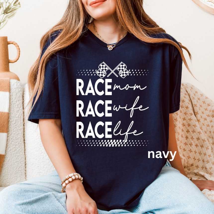 Race Mom Race Wife Race Life T-Shirt - Checkered Flags - Unisex Gildan S-4XL