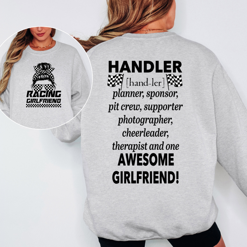 Racing Girlfriend Handler Sweatshirt - Double-Sided - Checkered Messy Bun - Unisex Gildan S-3XL