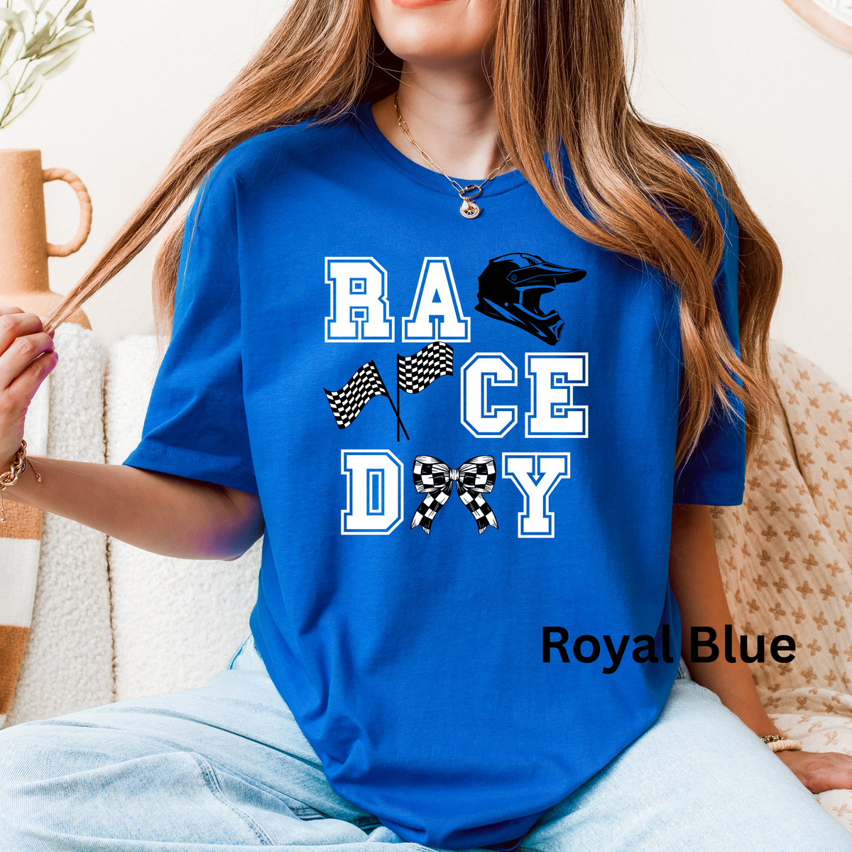 Race Day Motocross T-Shirt - Helmet Checkered Flags Bow Design - Unisex Gildan S-3XL