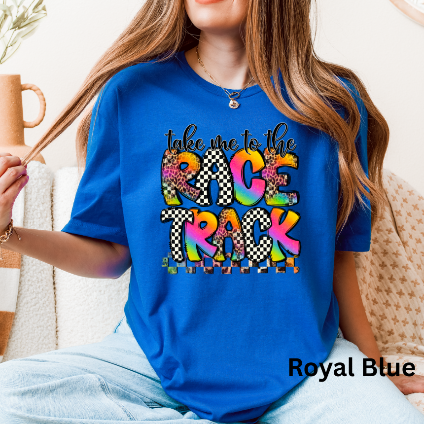 Take Me To The Race Track T-Shirt -Rainbow Checkered - Unisex Gildan S-3XL