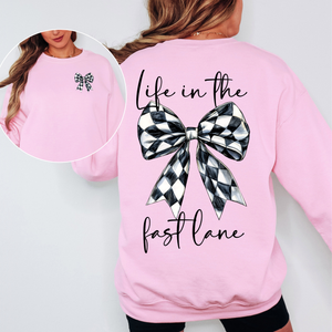 Life In The Fast Lane Sweatshirt - Checkered Bow Racing Crewneck - Unisex S-5XL