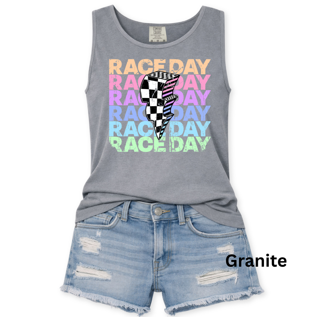 Race Day Stacked Checkered Lightning Tank Top - Pastel Distressed Graphic - Comfort Colors S-3XL