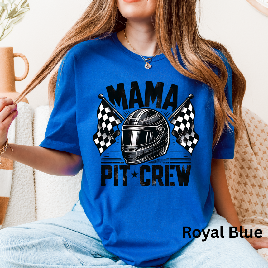 Mama Pit Crew T-Shirt - Racing Helmet - Checkered Flags - Unisex Gildan S-3XL