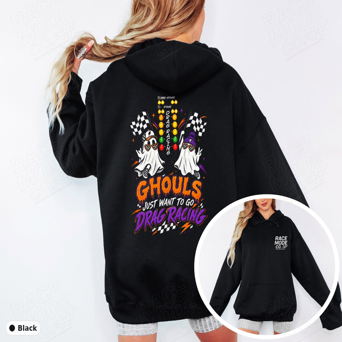 Ghouls Just Want To Go Drag Racing — Gildan 18500 Hoodie (Pocket & Back)