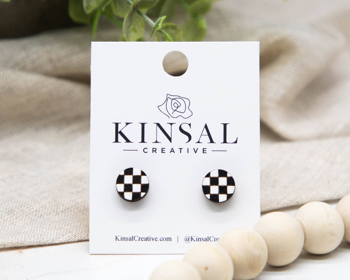Kinsal Creative - Checkerboard Wood Stud Earrings: Circle