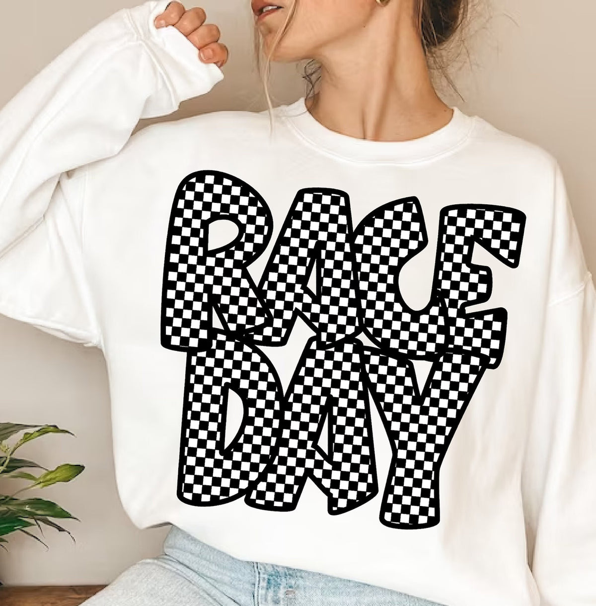 Race Day Checkered Sweatshirt - Ash - Bold Checkered Letters - Unisex Gildan S-3XL