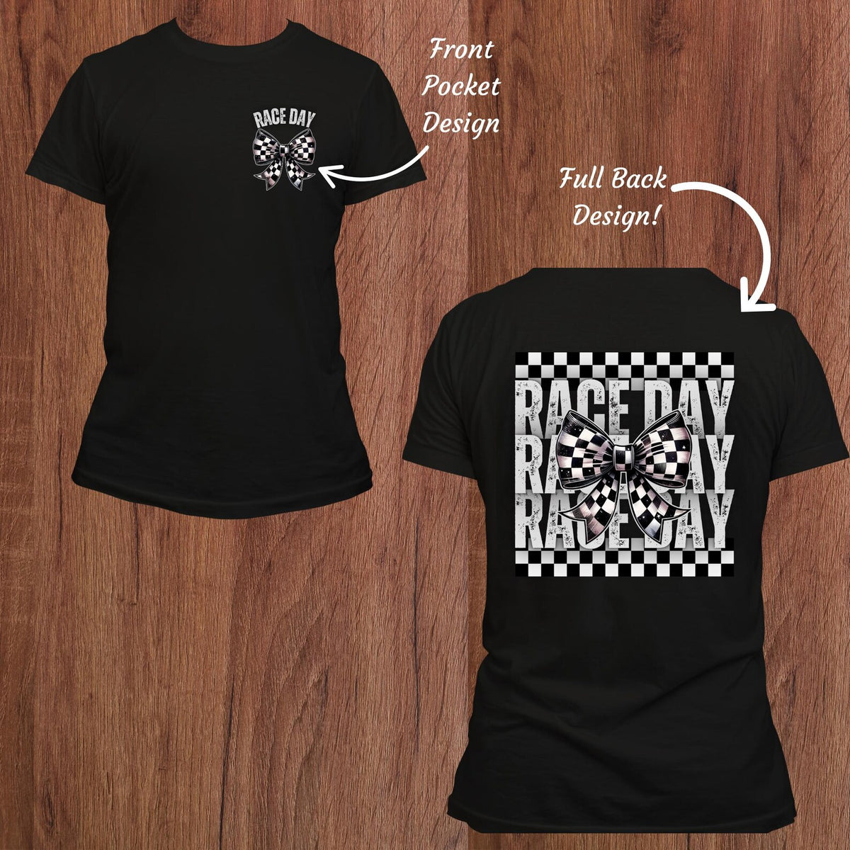 Race Day T-Shirt - Front Pocket & Full Back Design - Checkered Flag Bow Tee