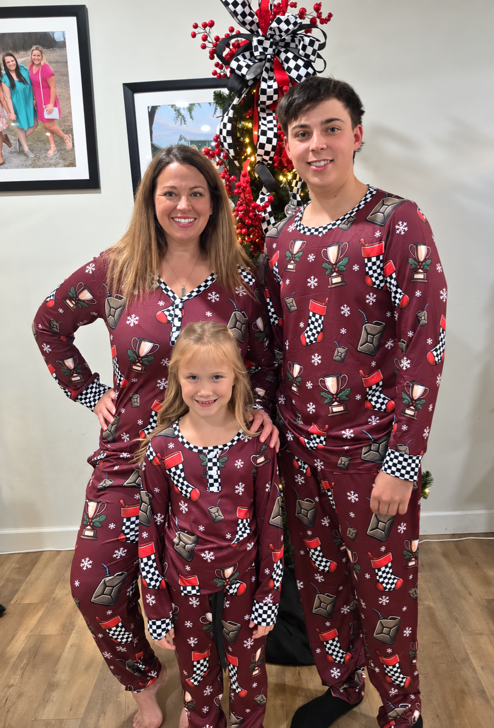 Preorder: CHECKERED STOCKINGS BURGUNDY RACING CHRISTMAS HELMETS PJS -KIDS - arrives 1st part of Nov