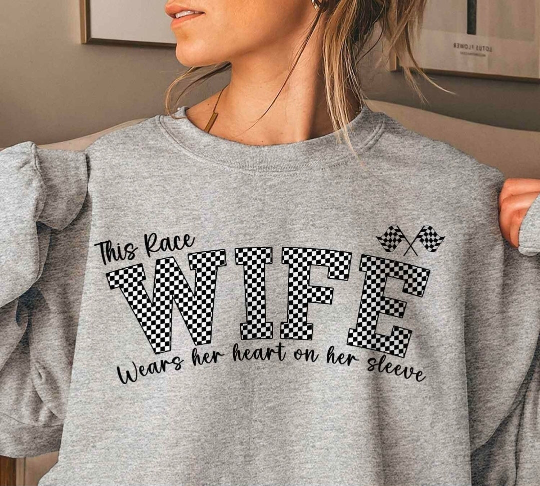 This Race Wife Wears Her Heart On Her Sleeve Custom T-Shirt - Personalized Sleeve - Drag Race Car or Checkered Flag - Unisex Gildan S-3XL
