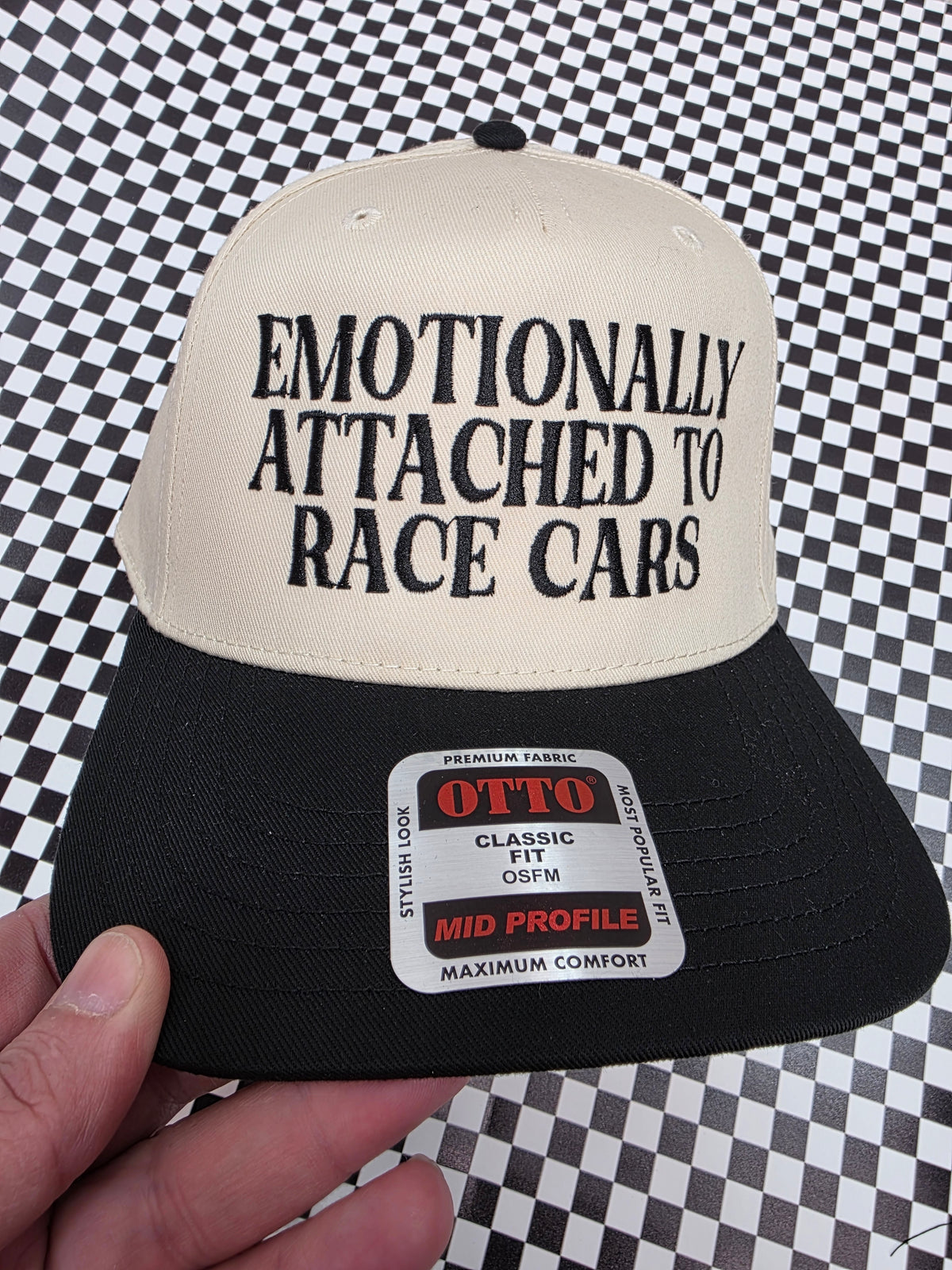 EMOTIONALLY ATTACHED TO RACECARS EMBROIDRED HAT