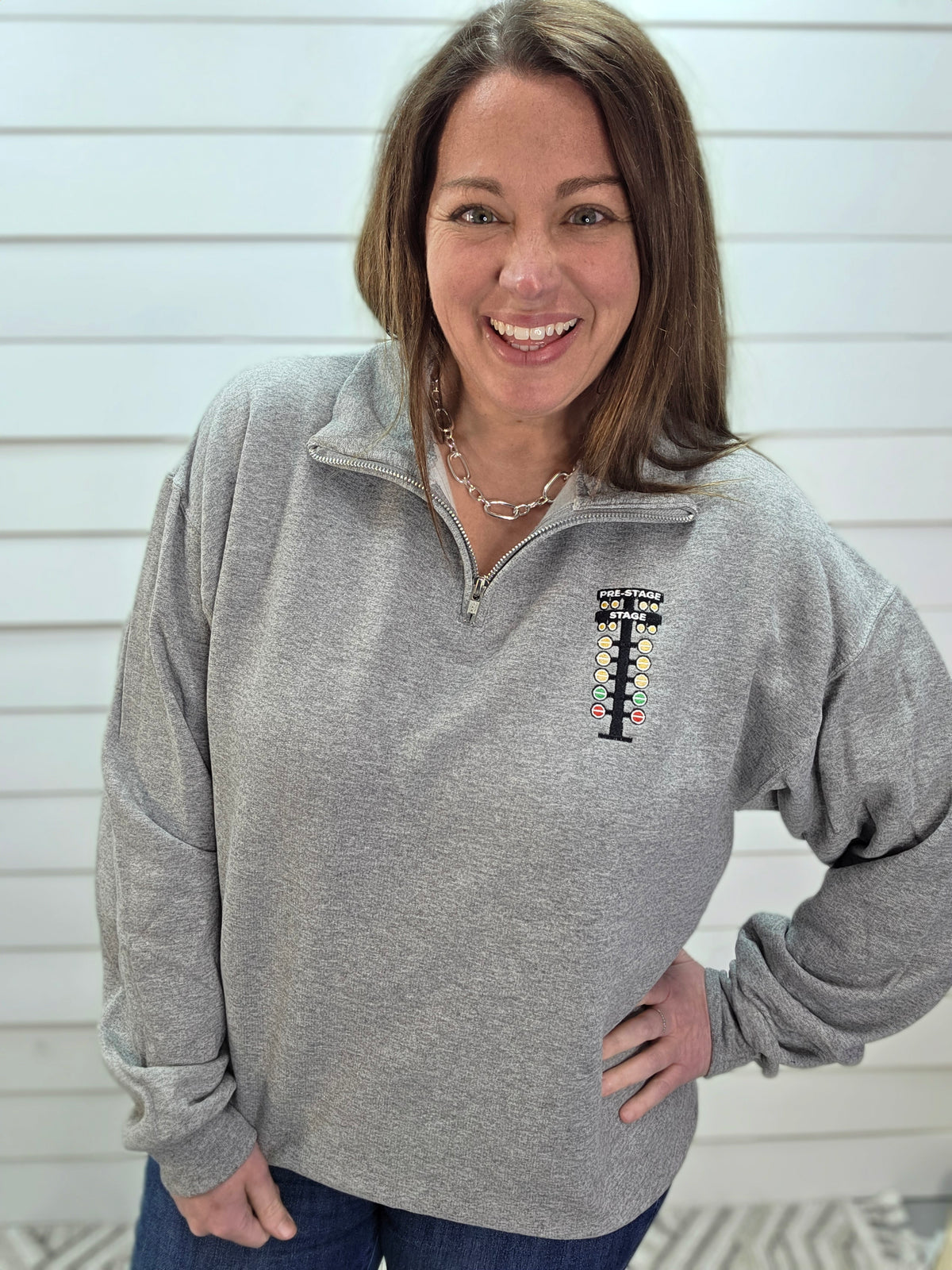Grey Embroidered Drag Racing Tree Quarter Zip - Drag Racing Tree - Unisex S-3XL