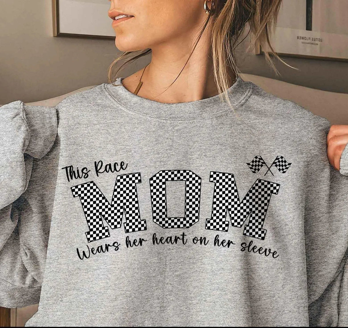 This Race Mom Wears Her Heart On Her Sleeve Sweatshirt - Custom Racing Mom Crewneck - Unisex S-5XL
