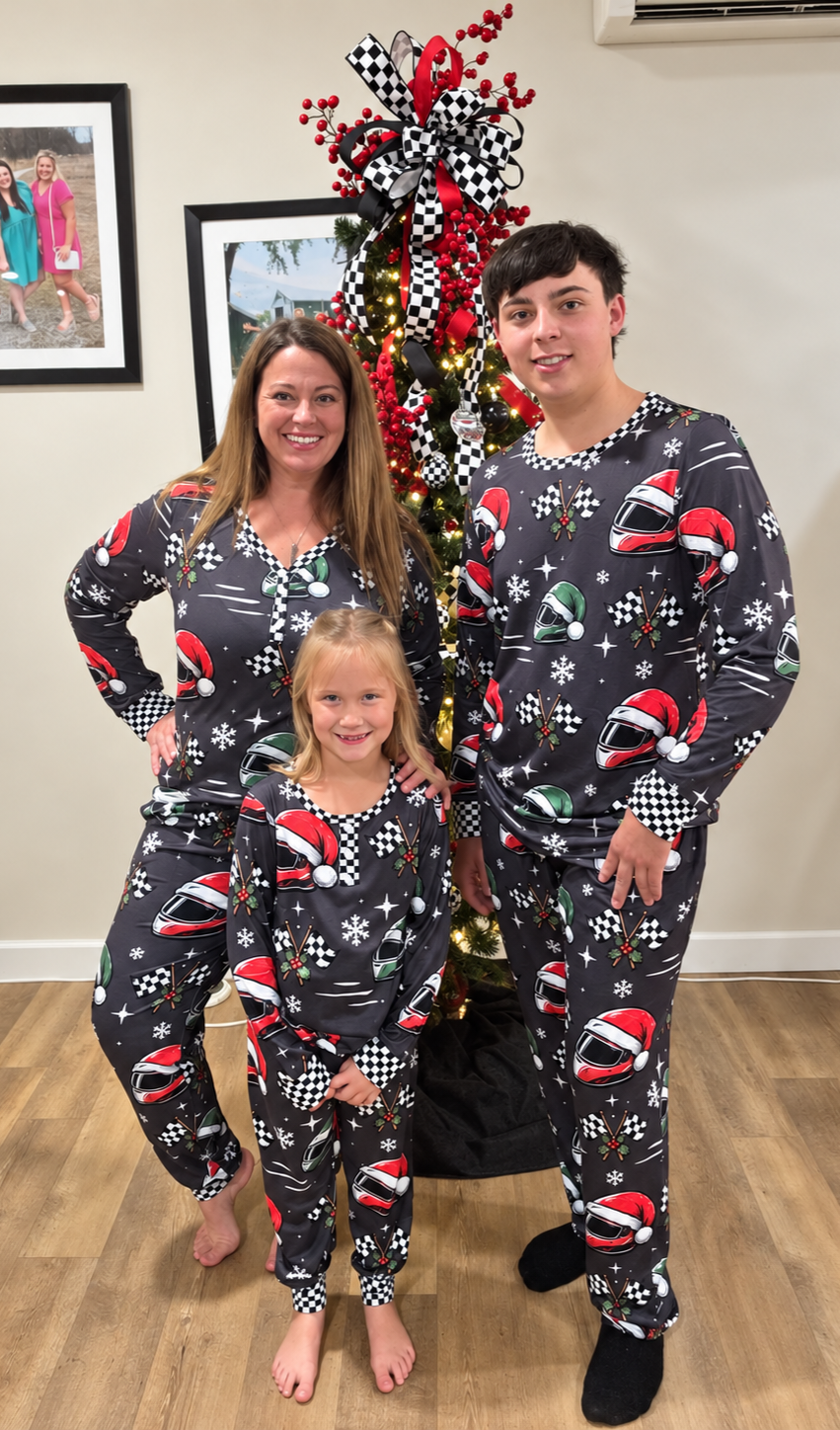 Preorder: RED/GREEN RACING CHRISTMAS HELMETS PJS - ADULTS - arrives 1st part of Nov