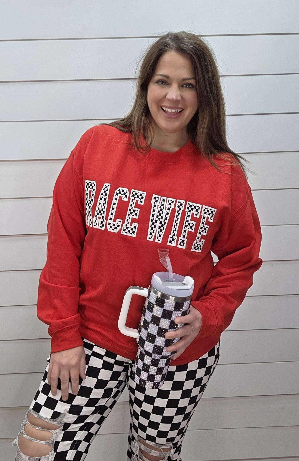 Race Wife Embroidered Crewneck Sweatshirt - Red - Gildan S-3XL