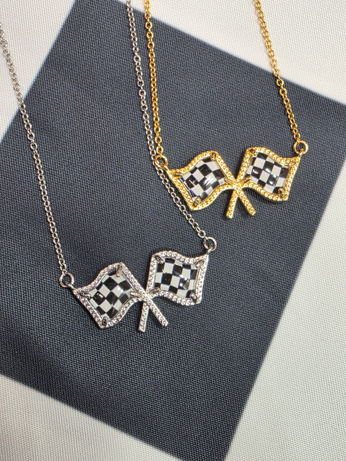 Checkered Flag Necklace - 14K Gold or Rhodium Plated over Brass - 18" Chain